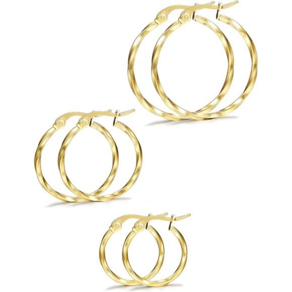 3Pairs Stainless Steel Twisted Gold Silver Small Hoop Earrings Set 15-25mm - Picture 4 of 7